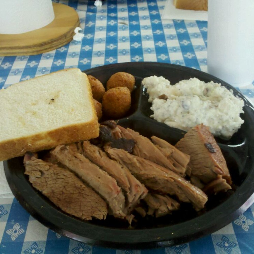 Pig-N-Chik BBQ - Beef brisket w potato salad and hush puppies - Barbeque Near Me - Chamblee, Georgia Pig-N-Chik BBQ - Beef brisket w potato salad and hush puppies - Barbeque Near Me - Chamblee, Georgia