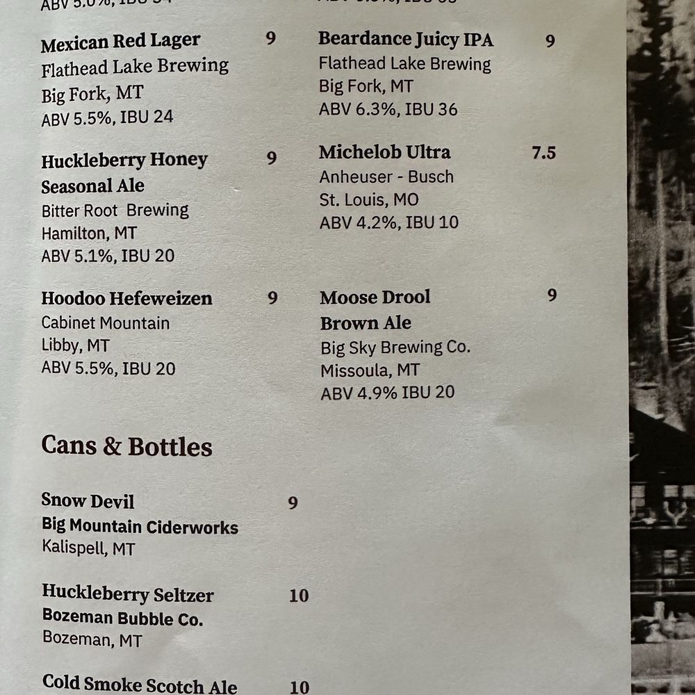Belton Chalet - Menu beers - Hotels Near Me - West Glacier, Montana