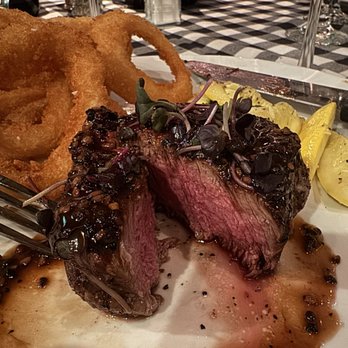 Manhattan Restaurant - Perfectly cooked, medium, rare filet with the crispiest onion rings ever! - Steakhouses Near Me - Fresno, California