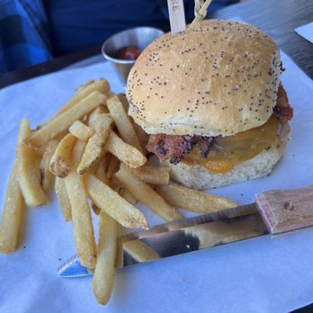 J Riley Distillery - J. Riley Burger: angus beef w/ bourbon bbq sauce, candied bacon, cheddar cheese & crispy shallots. Fire!! - Distilleries Near Me - Redlands, California J Riley Distillery - J. Riley Burger: angus beef w/ bourbon bbq sauce, candied bacon, cheddar cheese & crispy shallots. Fire!! - Distilleries Near Me - Redlands, California
