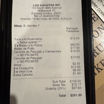 Los Kausitas Peruvian Restaurant - Receipt - Peruvian Near Me - Hollywood, Florida