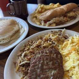 Buttermilk pancakes, hashbrown, eggs w cheese, sausage, chicken cheese sub Buttermilk pancakes, hashbrown, eggs w cheese, sausage, chicken cheese sub
