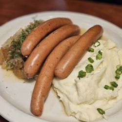 Sausage, mashed potatoes, and sauerkraut