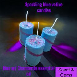 Scent & Gems - Sparkling blue votive candles. The candles are blue with Chamomile essential oils. $5 free shipping.