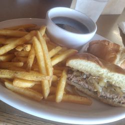 French Onion Soup burger and fries! moo-ey bueno!