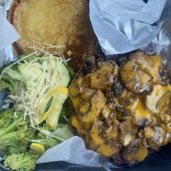 Austin's Cattle - Steak burger with cheddar and sautéed mushrooms, steamed veggies topped with Parmesan cheese. - New American Near Me - Valdosta, Georgia Austin's Cattle - Steak burger with cheddar and sautéed mushrooms, steamed veggies topped with Parmesan cheese. - New American Near Me - Valdosta, Georgia
