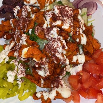 Falafel Flame - This is their mediterranean grillled chicken salad. It was so different from anything I've had before and simply amazing!! - Mediterranean Near Me - Concord, California