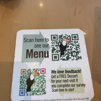 Tucanos - Menu and if you complete the survey you get a dessert next time (in like 12 hours) - Brazilian Near Me - Orem, Utah Tucanos - Menu and if you complete the survey you get a dessert next time (in like 12 hours) - Brazilian Near Me - Orem, Utah