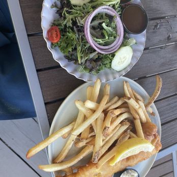 Blu On The Water - Narragansett Beer Battered Fish & Chips With salad as a side - American Near Me - East Greenwich, Rhode Island Blu On The Water - Narragansett Beer Battered Fish & Chips With salad as a side - American Near Me - East Greenwich, Rhode Island