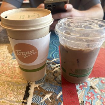 Torque Coffee - Iced Houjicha matcha with palo santo honey syrup - delicious and unique!!   Freshly brewed drip coffee - as good as always - Coffee Roasteries Near Me - San Diego, California