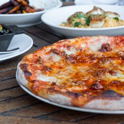 Tazza Kitchen Trenholm Plaza - Spicy Sausage and Black Pepper Honey Pizza, Scallops and Brick Oven Brussels Sprouts