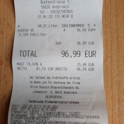 Ed - Tankstelle Andernach - West - Rechnung vom  tanken.  Wollte diesmal keine Kartenzahlung machen, ist mir im Moment zu unsicher mit den Geräten.  (31.05.2022) H.S