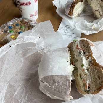 Bagel Boss - Plain bagel with veggie cream cheese, everything bagel with jalapeño cc, and the MOST STACKED m&m cookie ever! - Bagels Near Me - Burbank, California Bagel Boss - Plain bagel with veggie cream cheese, everything bagel with jalapeño cc, and the MOST STACKED m&m cookie ever! - Bagels Near Me - Burbank, California
