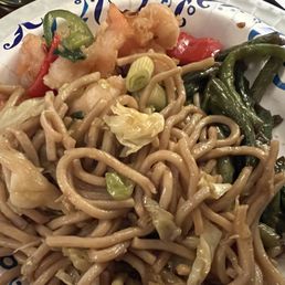 Takeout salt n pepper shrimp, Shanghai noodles and sautéed green beans in brown sauce and garlic.