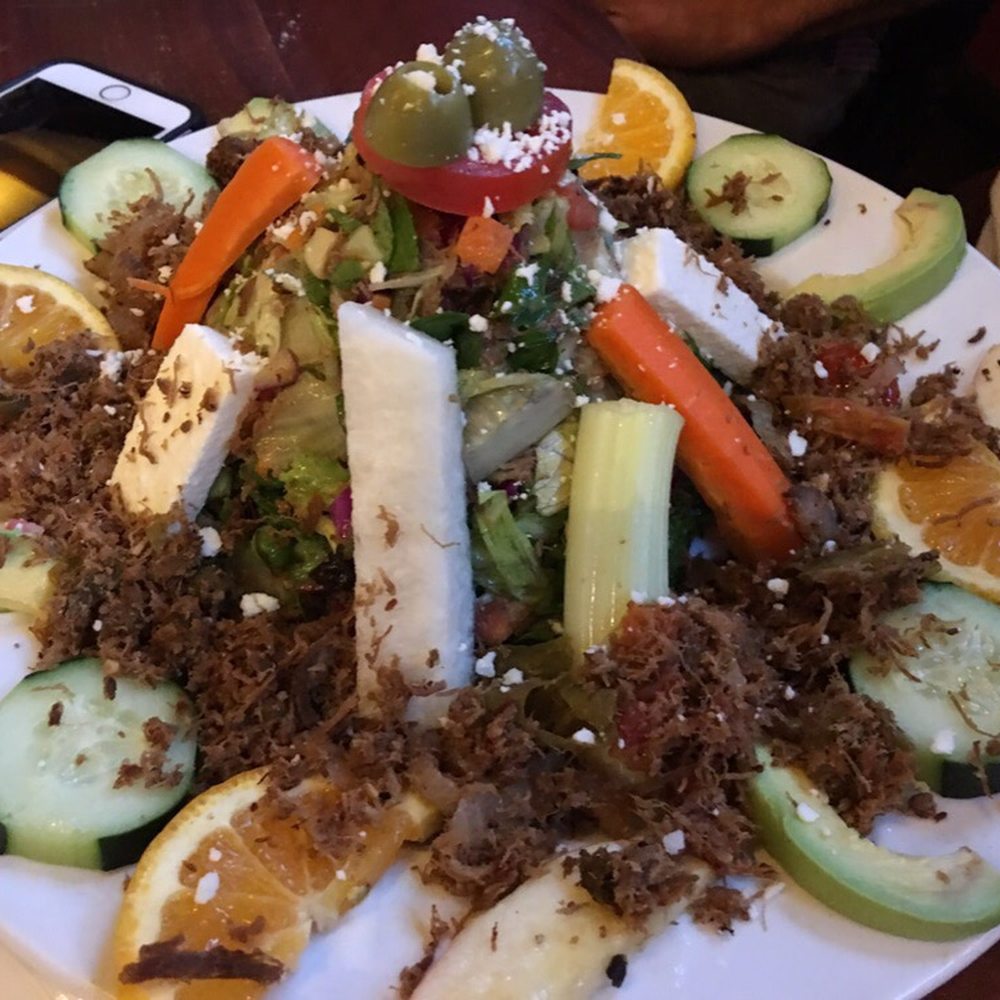 El Charro Cafe - Carne Seca Topopo Salad - had jicama, carrots, celery, avocado, refried beans. Gluten Free! - Mexican Near Me - Tucson, Arizona El Charro Cafe - Carne Seca Topopo Salad - had jicama, carrots, celery, avocado, refried beans. Gluten Free! - Mexican Near Me - Tucson, Arizona