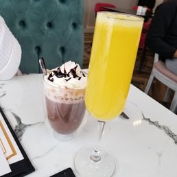 Hot chocolate and freshly squeezed mimosa