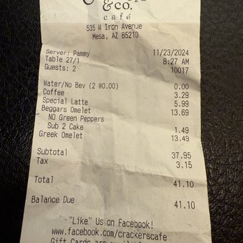 Crackers & Co. Cafe - Receipt from Saturday 11/23/24 - American Near Me - Mesa, Arizona Crackers & Co. Cafe - Receipt from Saturday 11/23/24 - American Near Me - Mesa, Arizona