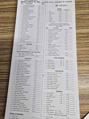 Menu photo 1 Skid's Drive-In Number 1 Burlington, NC