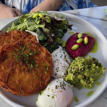 Mood - Poached eggs with hashbrowns. Served with guacamole and beet hummus. - Breakfast & Brunch Near Me - Los Angeles, California Mood - Poached eggs with hashbrowns. Served with guacamole and beet hummus. - Breakfast & Brunch Near Me - Los Angeles, California