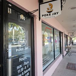 Poke Jay - Outside door, hours & sign