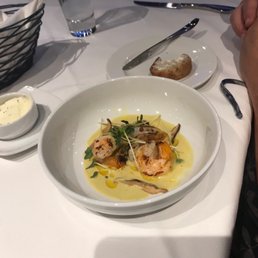 Butternut Squash Purée with Shrimp, Granny Smith Apples and Arugula Oil