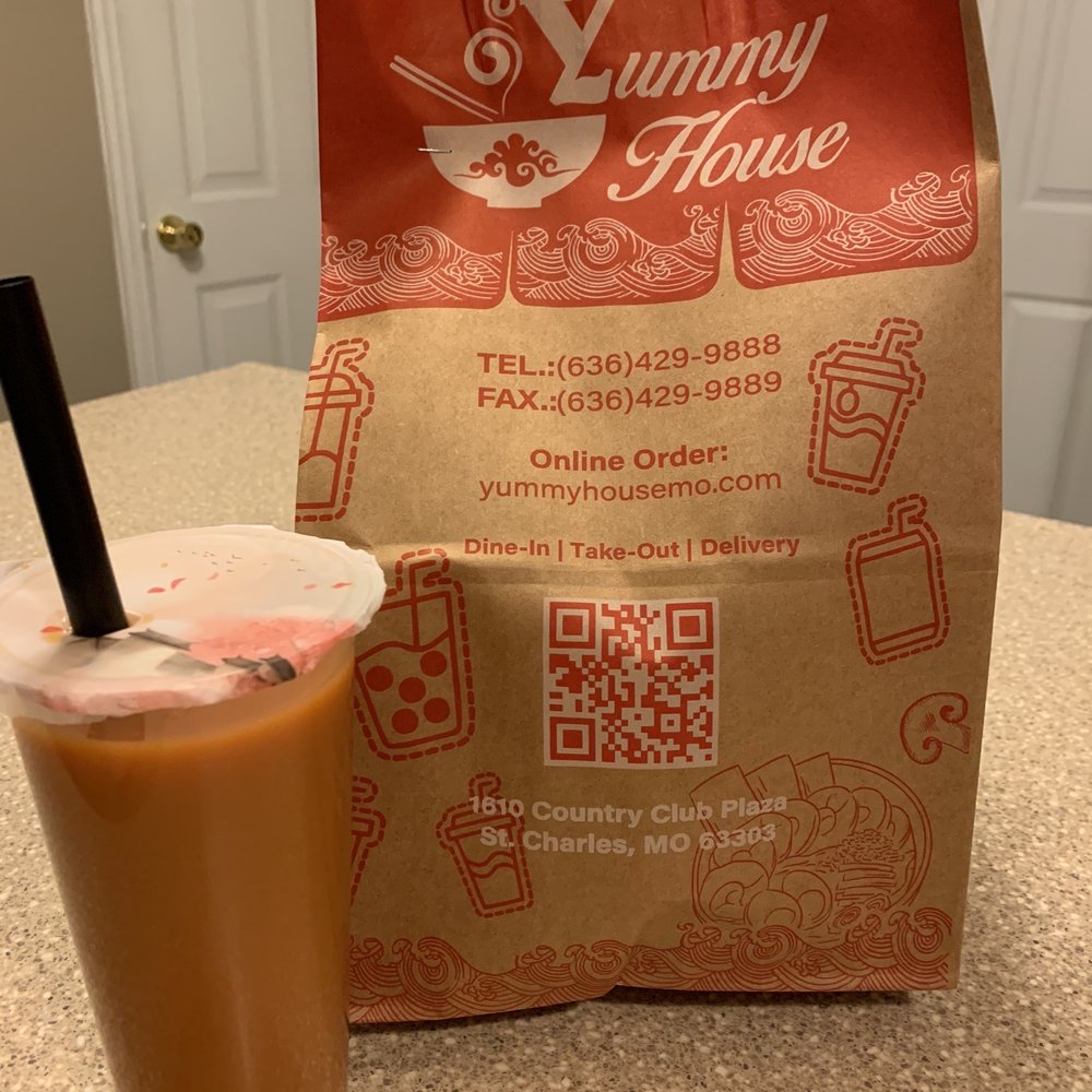 Yummy House - Take out bag with Thai milk boba tea (black) - Bubble Tea Near Me - Saint Charles, Missouri Yummy House - Take out bag with Thai milk boba tea (black) - Bubble Tea Near Me - Saint Charles, Missouri