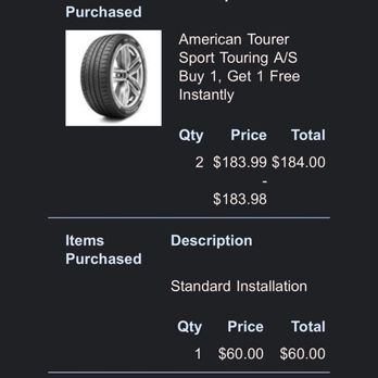 Pep Boys - Purchased 2 tires and clearly states buy one get one. Also states the installation fee. - Tires Near Me - Fayetteville, North Carolina Pep Boys - Purchased 2 tires and clearly states buy one get one. Also states the installation fee. - Tires Near Me - Fayetteville, North Carolina