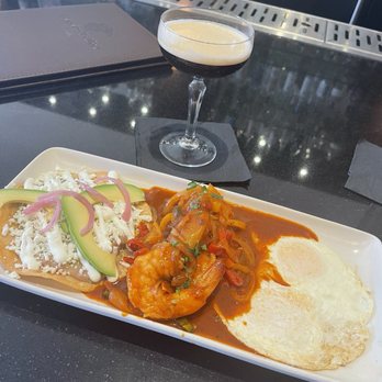 Casa Del Toro - Brunch! Huevos Rancheros with Jumbo Shrimp and over-medium egg. Added a delicious Espresso Martini. So good! - Latin American Near Me - Hayward, California Casa Del Toro - Brunch! Huevos Rancheros with Jumbo Shrimp and over-medium egg. Added a delicious Espresso Martini. So good! - Latin American Near Me - Hayward, California