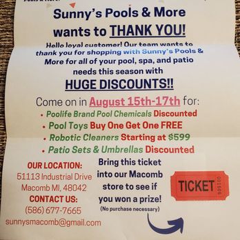 Sunnys Pools & More - Thank You Too...Sunny's Pool Store For Your Dedicated Service and Staff! Saturday 8/17/2024 - Pool & Billiards Near Me - Macomb, Michigan Sunnys Pools & More - Thank You Too...Sunny's Pool Store For Your Dedicated Service and Staff! Saturday 8/17/2024 - Pool & Billiards Near Me - Macomb, Michigan