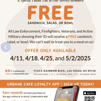 Urbane Cafe - FREE meals for service people 4 times over the next 4 weeks! - Sandwiches Near Me - Las Vegas, Nevada Urbane Cafe - FREE meals for service people 4 times over the next 4 weeks! - Sandwiches Near Me - Las Vegas, Nevada