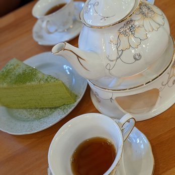 Proper Rose Garden - Matcha crepe cake and tea - Themed Cafes Near Me - Katy, Texas