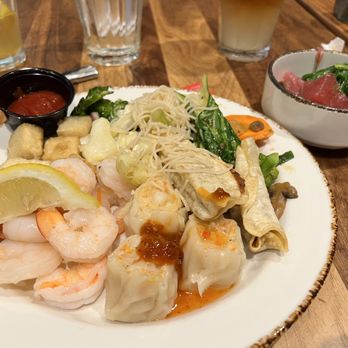 AYCE - Second plate (shrimp, shrimp shumai, gyoza, various veggies) with poké in the bowl. - Buffets Near Me - Las Vegas, Nevada AYCE - Second plate (shrimp, shrimp shumai, gyoza, various veggies) with poké in the bowl. - Buffets Near Me - Las Vegas, Nevada