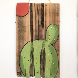 J Tree Artery - A Beavertail cactus with the sun drifting overhead. Each piece is laser etched into reclaimed redwood salvaged from the desert.