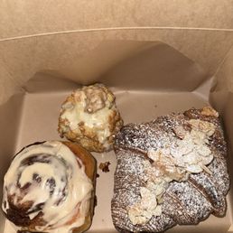 Cinnamon roll, lemon blueberry scone, almond croissant