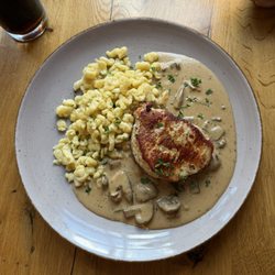 Haus Burg Metternich - Pork stash with mushrooms and spaetzle.