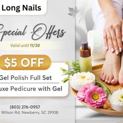 Long Nails - SPECIAL OFFERS
Get $5 OFF Gel Polish Full Set or Deluxe Pedicure with Gel!
Available until November 30th!
Step into th