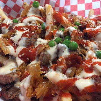 Mr Katsu - What The Frick Fries. Kalbi, kim chee, a sweet mayo-based sauce, sriracha sauce, and some other goodies. Interesting combination of flavors - Sandwiches Near Me - Fullerton, California Mr Katsu - What The Frick Fries. Kalbi, kim chee, a sweet mayo-based sauce, sriracha sauce, and some other goodies. Interesting combination of flavors - Sandwiches Near Me - Fullerton, California