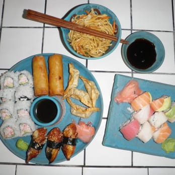 Chopstick Express - This is fried dumplings, egg rolls, rainbow roll sushi, eel sushi, California roll, & lomein noodles. - Chinese Near Me - Garland, Texas