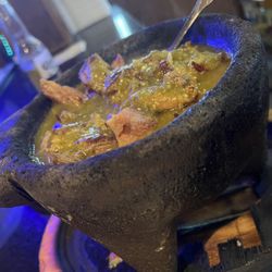 Puerto Vallarta Mexican Grill - Salsa verde, Pork. Molcajete presentation is always great. Buddy loved it and couldn't finish it all. Served with 3 tortillas, rice/beans.