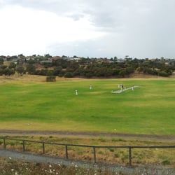 Coorabie Reserve - Overall view. Playground on one side of oval, skate park on other.