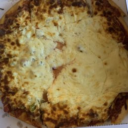 a cheese pizza in a box - Cheese pizza with a golden-brown crust, some slices removed, in a pizza box, showing melted cheese and a few toppings.