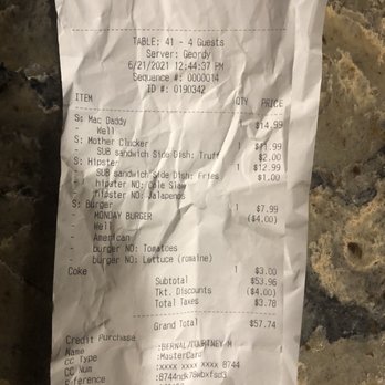 Fiddlehead Restaurant - Receipt with current prices of the sandwiches, 1 coke and 3 waters - New American Near Me - Michigan City, Indiana