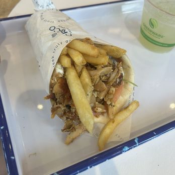 GRECO - chicken gyro, with tzatziki, tomatoes, arugula and fries! - Greek Near Me - Boston, Massachusetts GRECO - chicken gyro, with tzatziki, tomatoes, arugula and fries! - Greek Near Me - Boston, Massachusetts