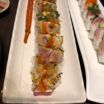 PK Sushi - PK 1 Grande- shrimp, spicy tuna, avo, tuna lightly torched, masago, onion - Sushi Bars Near Me - Rocklin, California PK Sushi - PK 1 Grande- shrimp, spicy tuna, avo, tuna lightly torched, masago, onion - Sushi Bars Near Me - Rocklin, California