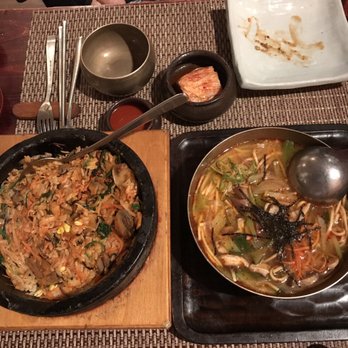 HanGawi - Spicy Pumpkin noodle soup (right) || spicy rice ..something (left) , spicy kimchi on the side and regular kimchi also - Vegetarian Near Me - New York, New York HanGawi - Spicy Pumpkin noodle soup (right) || spicy rice ..something (left) , spicy kimchi on the side and regular kimchi also - Vegetarian Near Me - New York, New York