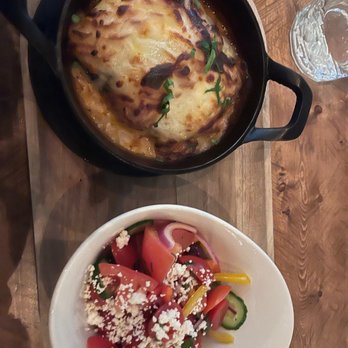 Hydra Estiatorio - Moussaka with side salad - Mediterranean Near Me - Vancouver, British Columbia