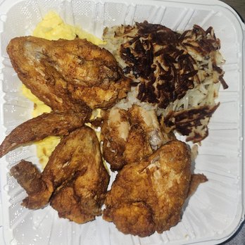 Pann's Restaurant - Scrambled eggs, fried chicken wings and hasbrowns with 2 pieces of toast - Diners Near Me - Los Angeles, California Pann's Restaurant - Scrambled eggs, fried chicken wings and hasbrowns with 2 pieces of toast - Diners Near Me - Los Angeles, California