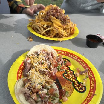 Alameda County Fair - Cheese fries with bacon and turkey leg tacos - Festivals Near Me - Pleasanton, California