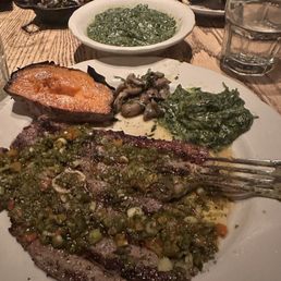 Lamb Leg Steak, creamed spinach, mushrooms, Roasted Sweet Potato