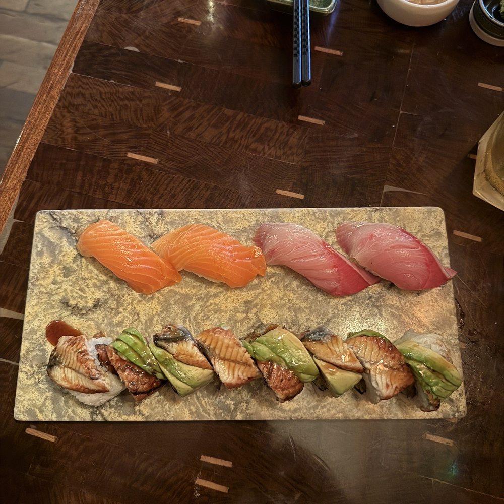 Akira - Top: Nigiri sake and smoked hamachi Bottom: Mr. V roll - Sushi Bars Near Me - Eugene, Oregon